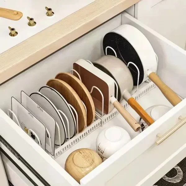 H6a90d4ffd35a4d5692424232f3a37633Y Expandable Pan and Lid Organizer Rack